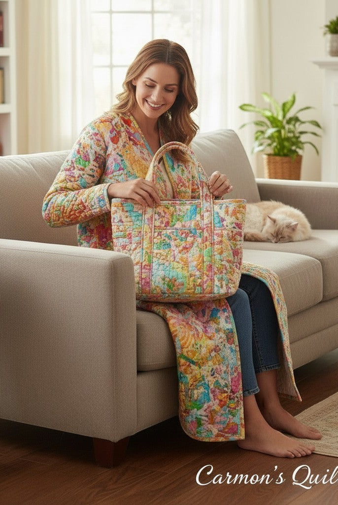 Carmon's Quilt Shop woman wearing a multi-colored abstract splatter cotton robe and holding a matching quilted tote bag