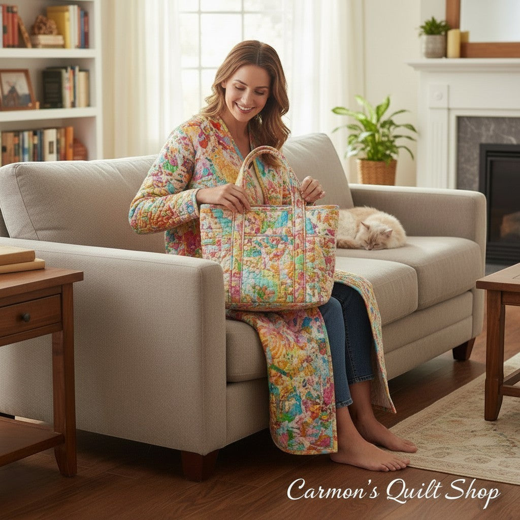 Carmon's Quilt Shop woman wearing a multi-colored abstract splatter cotton robe and holding a matching quilted tote bag