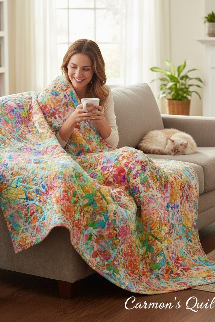 Woman sitting on a sofa wrapped in a Carmon's Quilt Shop multi-colored abstract splatter cotton quilt