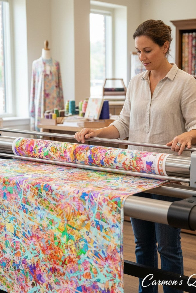 Carmon's Quilt Shop employee loading vibrant multi-colored abstract splatter 118-inch wide quilting cotton onto a long-arm machine.
