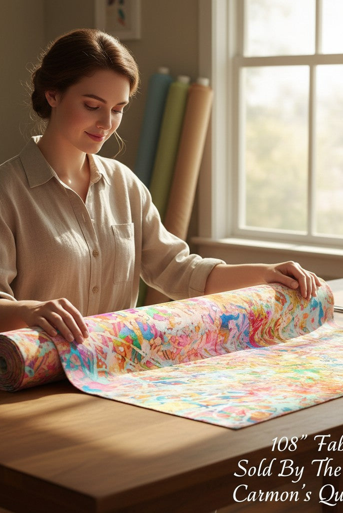 Carmon's Quilt Shop woman unrolling multi-colored abstract splatter print 108-inch wide quilting cotton fabric