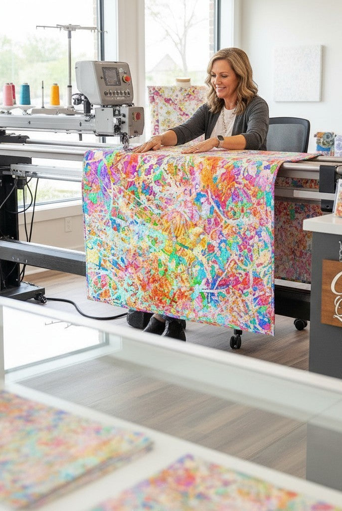 Carmon's Quilt Shop woman using a long-arm machine to quilt vibrant multi-colored abstract splatter cotton fabric