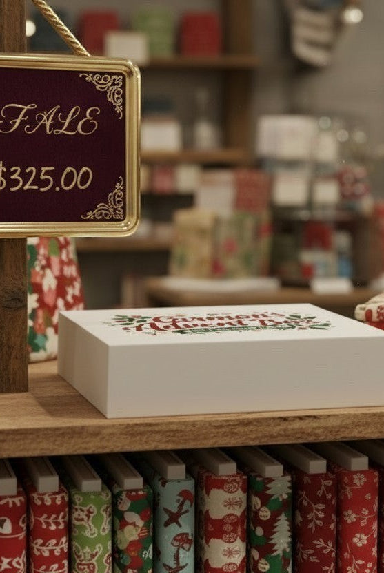 Carmon's Quilt Shop 25-day premium advent box on a wooden shelf with festive holiday fabrics in a craft store setting.