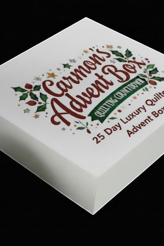 Carmon's Quilt Shop 25-day luxury advent box for quilters featuring festive holiday branding on a white square box.