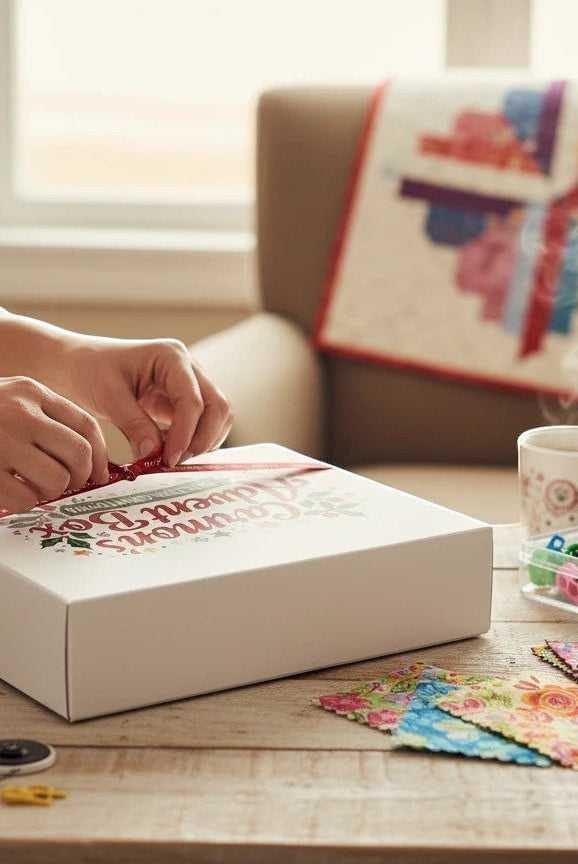 Carmon's Quilt Shop premium advent box tied with a ribbon on a wooden table with quilting fabrics and tools nearby.