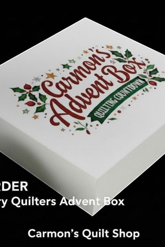 Carmon's Quilt Shop limited-edition 25-day premium quilter's advent box with festive holiday branding on white packaging