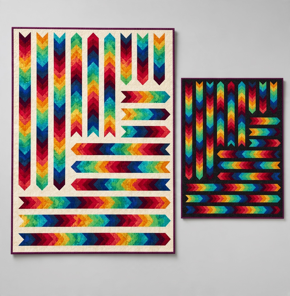 Carmon's Quilt Shop Aerodynamic quilt kits featuring rainbow arrow patterns on off-white and black backgrounds.