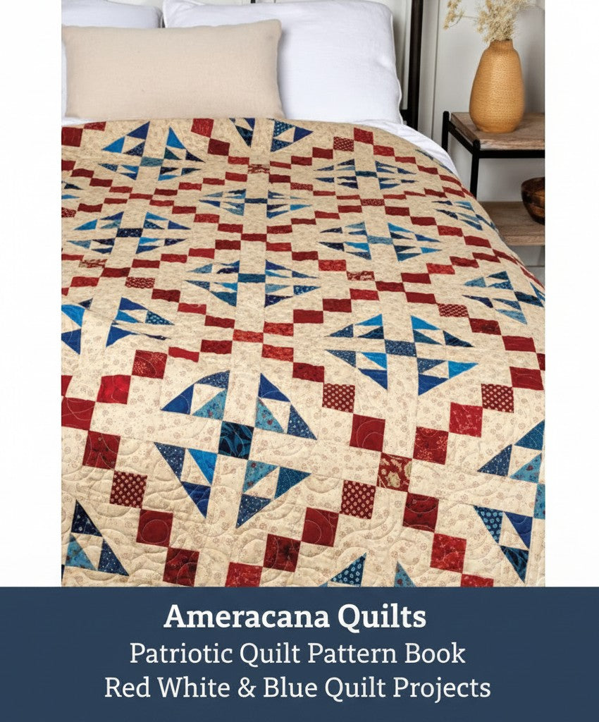 Carmon's Quilt Shop Americana Quilts pattern book featuring a red, white, and blue star quilt on a bed.