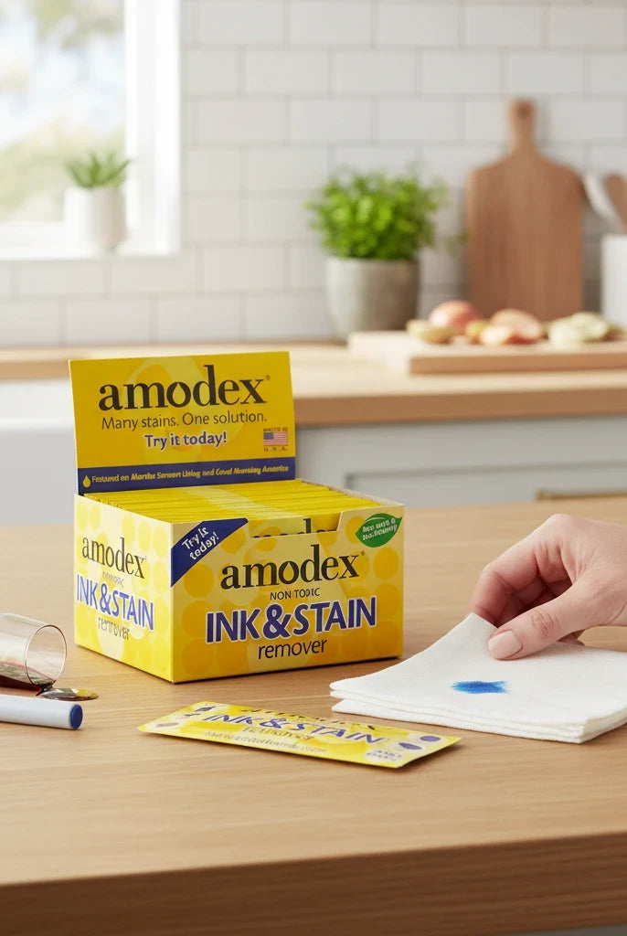 Carmon's Quilt Shop Amodex ink and stain remover trial pack display box with individual sachets on a kitchen counter