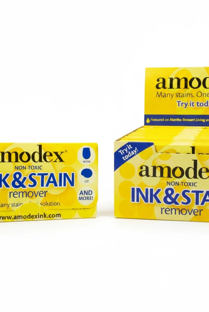 Carmon's Quilt Shop Amodex Ink & Stain Remover trial pack and display box for eco-friendly fabric cleaning