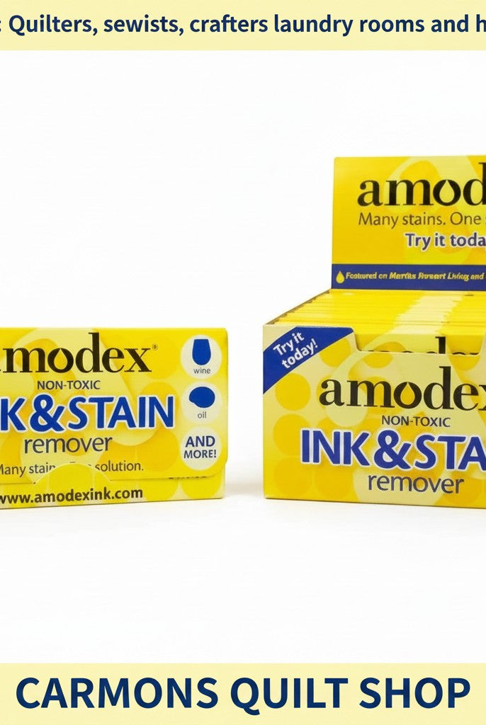 Carmon's Quilt Shop Amodex non-toxic ink and stain remover trial pack and display box for fabrics and surfaces