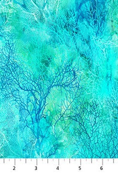 Carmon's Quilt Shop fabric featuring a vibrant aqua and blue coral reef pattern for quilting projects