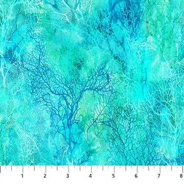 Carmon's Quilt Shop fabric featuring a vibrant aqua and blue coral reef pattern for quilting projects