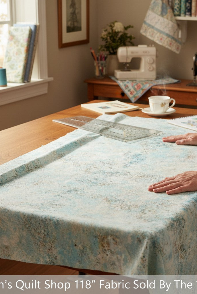 Carmon's Quilt Shop light aqua mottled texture 118 inch wide cotton quilting fabric spread on a wooden table