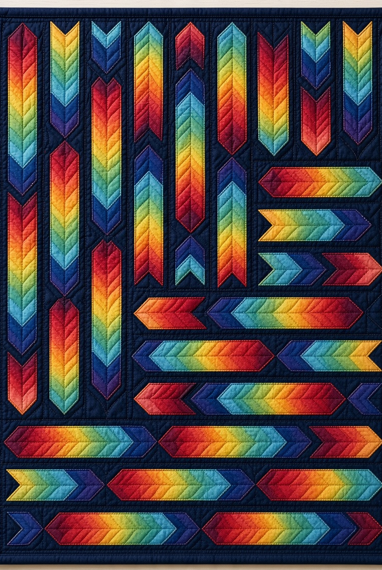 Carmon's Quilt Shop Arrowdynamic quilt kit featuring a vibrant rainbow arrow pattern on a dark background