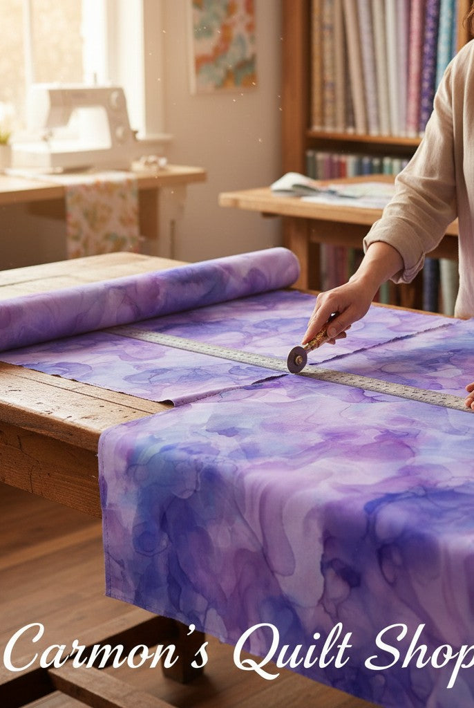Carmon's Quilt Shop Aura Watercolor purple 108-inch wide cotton fabric being cut by a quilter on a wooden table.