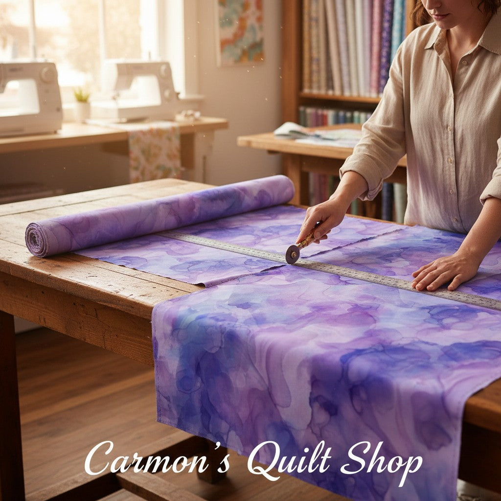 Carmon's Quilt Shop Aura Watercolor purple 108-inch wide cotton fabric being cut by a quilter on a wooden table.