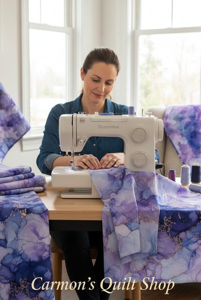 Carmon's Quilt Shop Aura Watercolor purple cotton fabric with gold accents being sewn by a woman on a sewing machine.