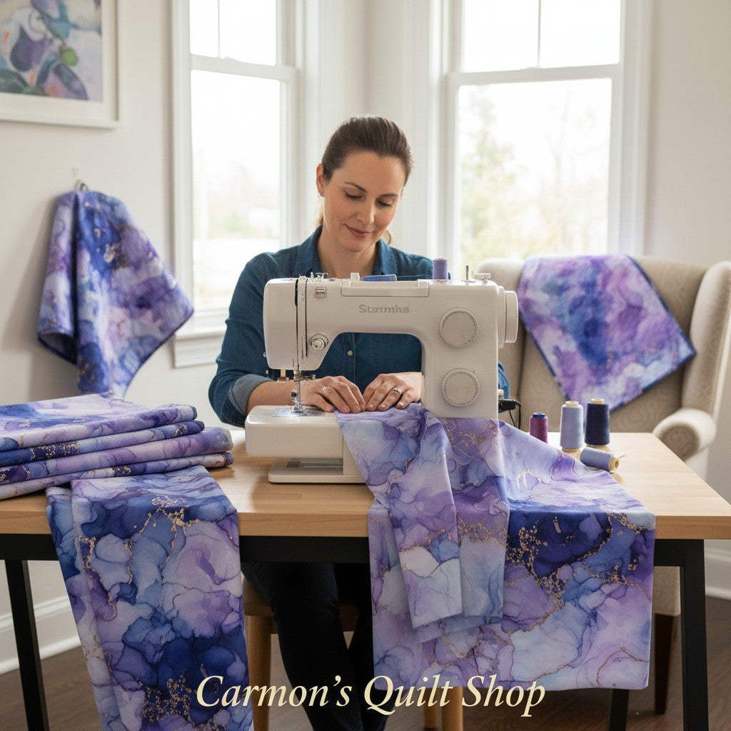 Carmon's Quilt Shop Aura Watercolor purple cotton fabric with gold accents being sewn by a woman on a sewing machine.