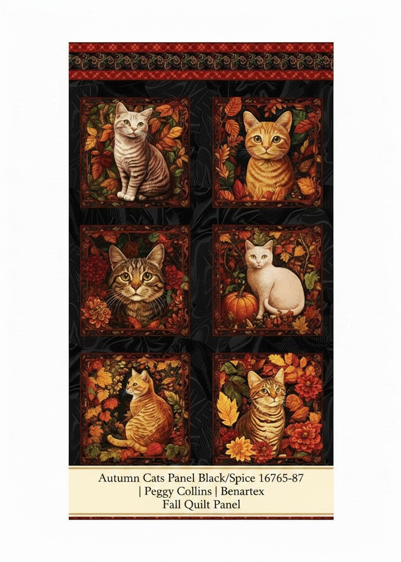 Carmon's Quilt Shop Autumn Cats fabric panel by Peggy Collins featuring six cat portraits in a black and spice palette.