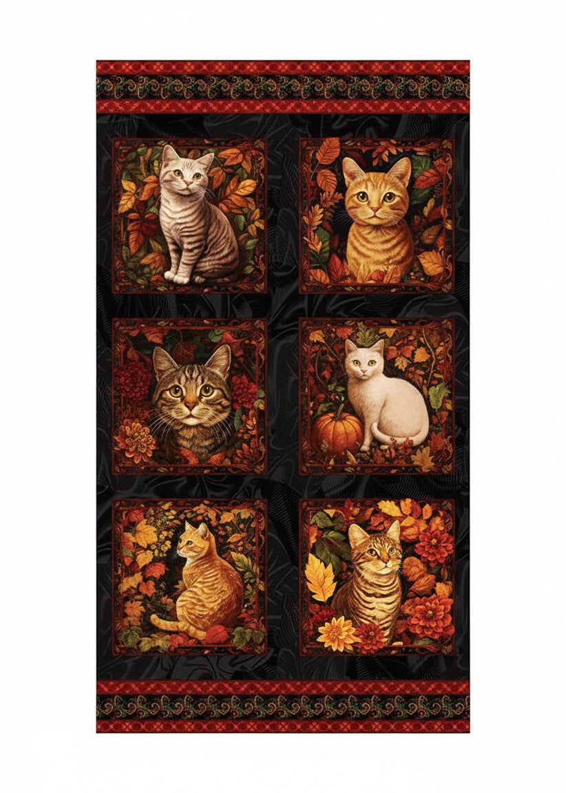 Carmon's Quilt Shop Autumn Cats fabric panel featuring six cat portraits in a black and spice fall leaf setting.