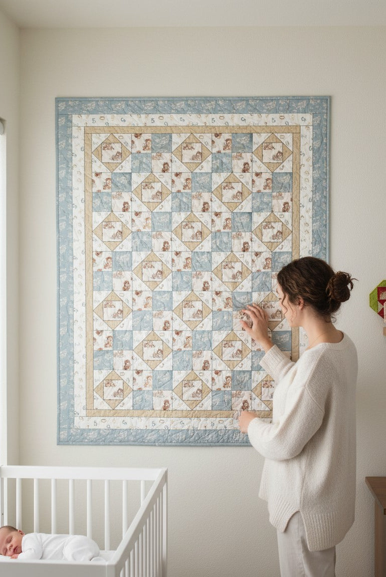 Carmon's Quilt Shop Baby Bears and Airplanes quilt pattern features baby bears in pilot outfits and airplanes. Soft blue, cream, and beige colors.