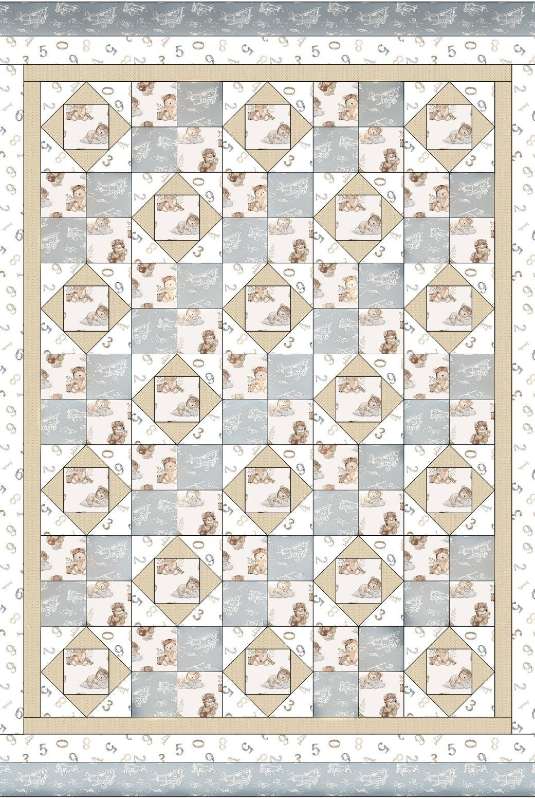 Carmon's Quilt Shop Baby Bears and Airplanes quilt pattern features baby bears in pilot outfits with airplanes and clouds. Soft blues, creams, and beige.