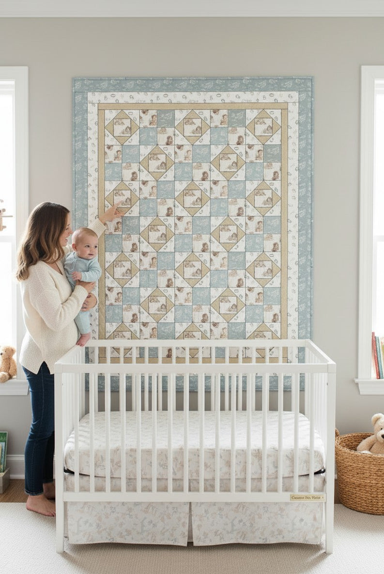 Carmon's Quilt Shop Baby Bears and Airplanes quilt pattern features baby bears in pilot outfits and airplanes in a blue, cream, and beige patchwork design.