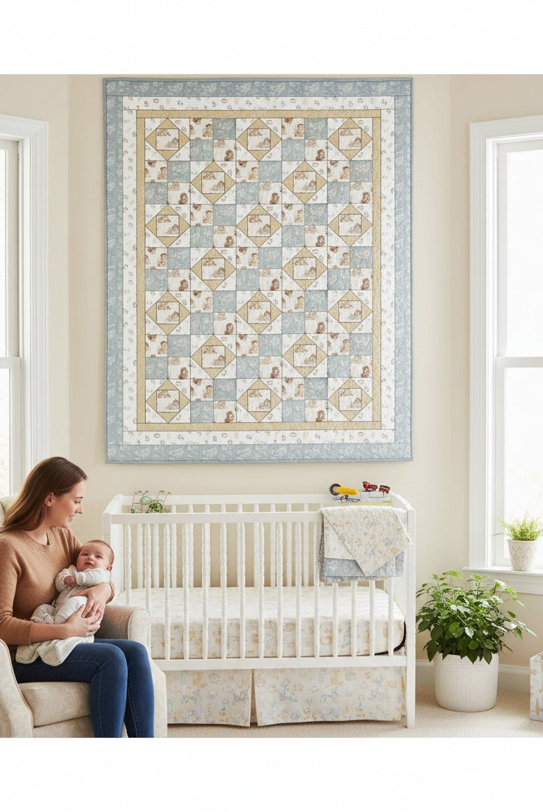 Carmon's Quilt Shop Baby Bears and Airplanes quilt pattern features baby bears in pilot outfits and airplanes on a blue and cream patchwork. Finished size 54" x 70".