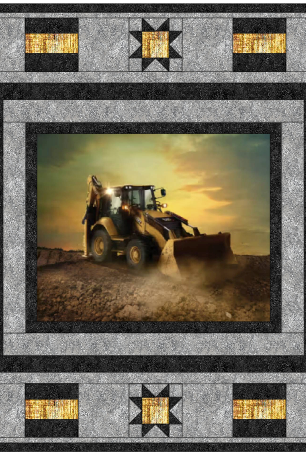 Carmon's Quilt Shop Backhoe Loader quilt kit featuring a construction panel with grey and gold Stonehenge fabrics