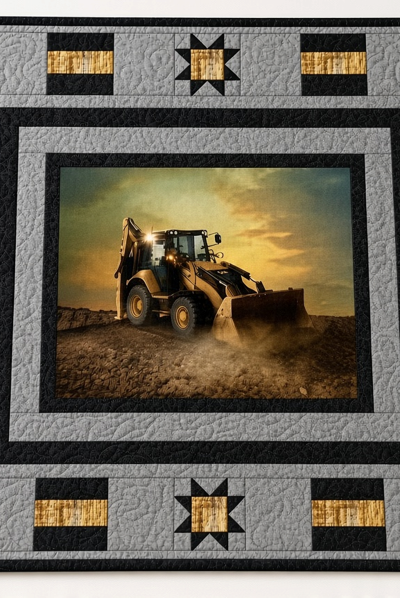 Carmon's Quilt Shop Backhoe Loader quilt kit featuring a construction panel with grey, black, and yellow star blocks.