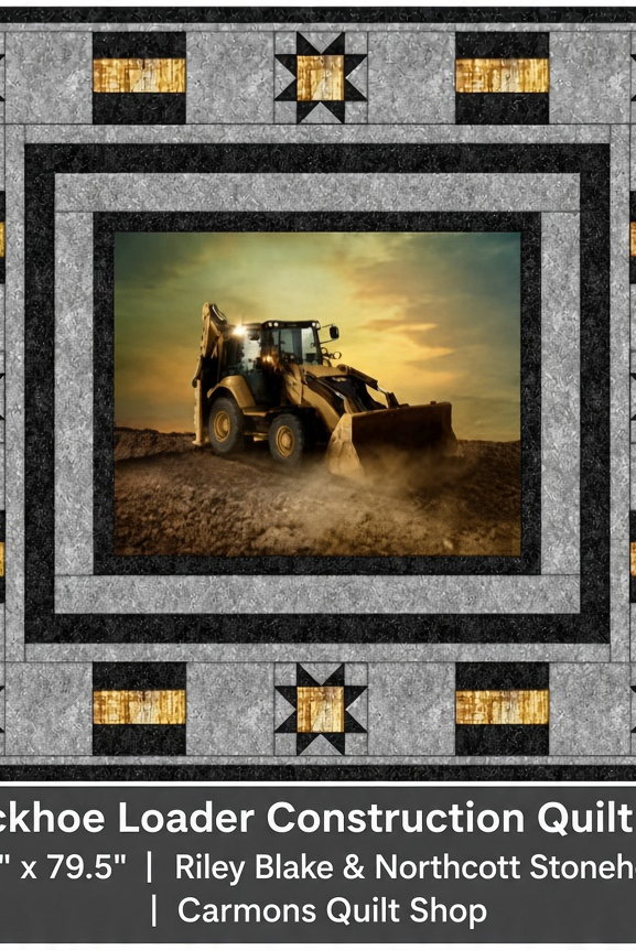 Carmon's Quilt Shop Backhoe Loader construction quilt kit featuring a central tractor panel and star border pattern.