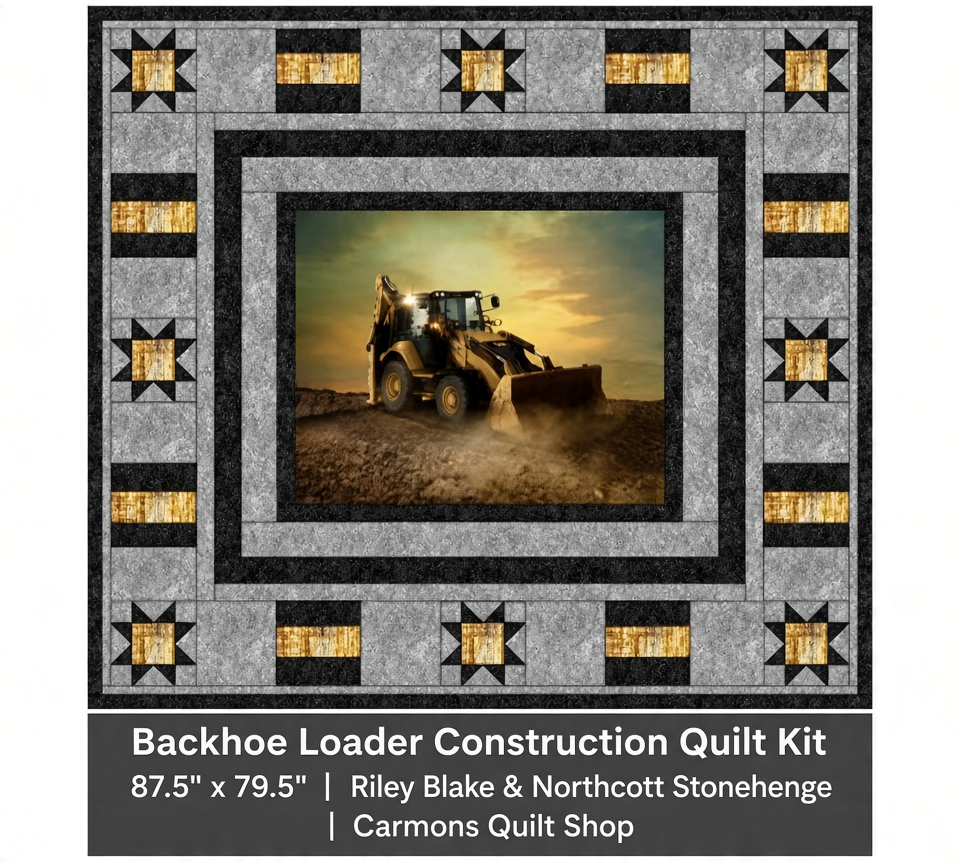 Carmon's Quilt Shop Backhoe Loader construction quilt kit featuring a central tractor panel and star border pattern.