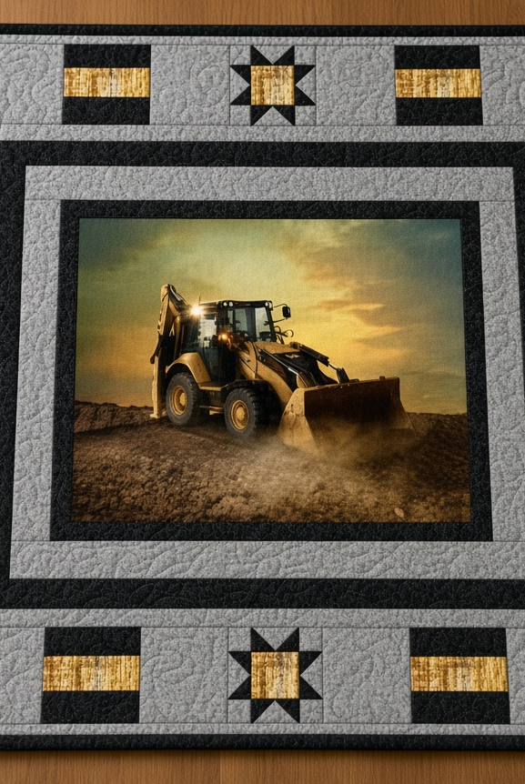 Carmon's Quilt Shop Backhoe Loader quilt kit featuring a construction panel with grey, black, and gold star borders.