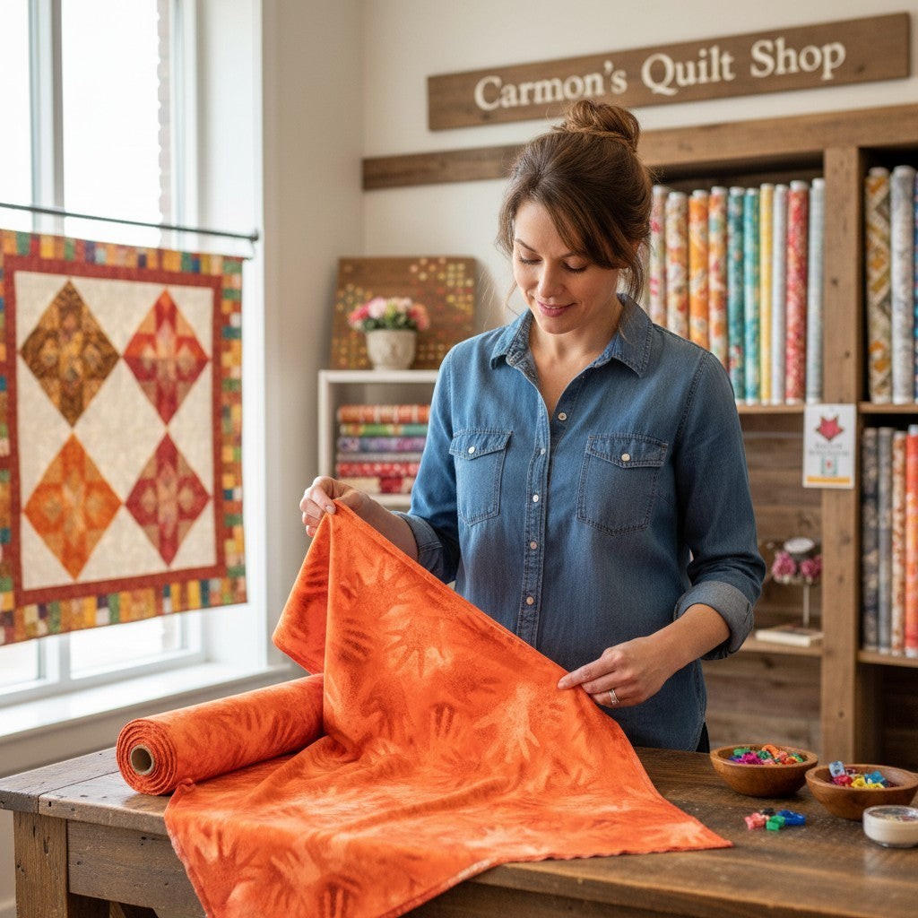 Carmon's Quilt Shop Believe collection 100% cotton fabric in paprika orange with a handprint pattern.
