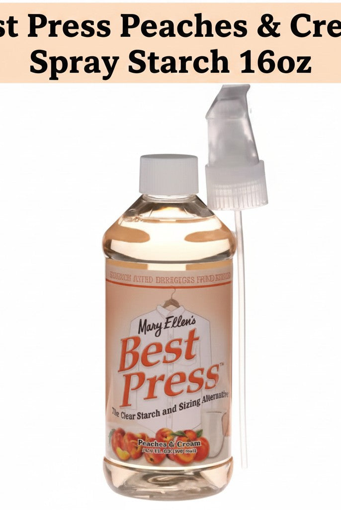 Carmon's Quilt Shop Best Press Peaches & Cream spray starch in a 16oz plastic bottle for quilting and ironing.