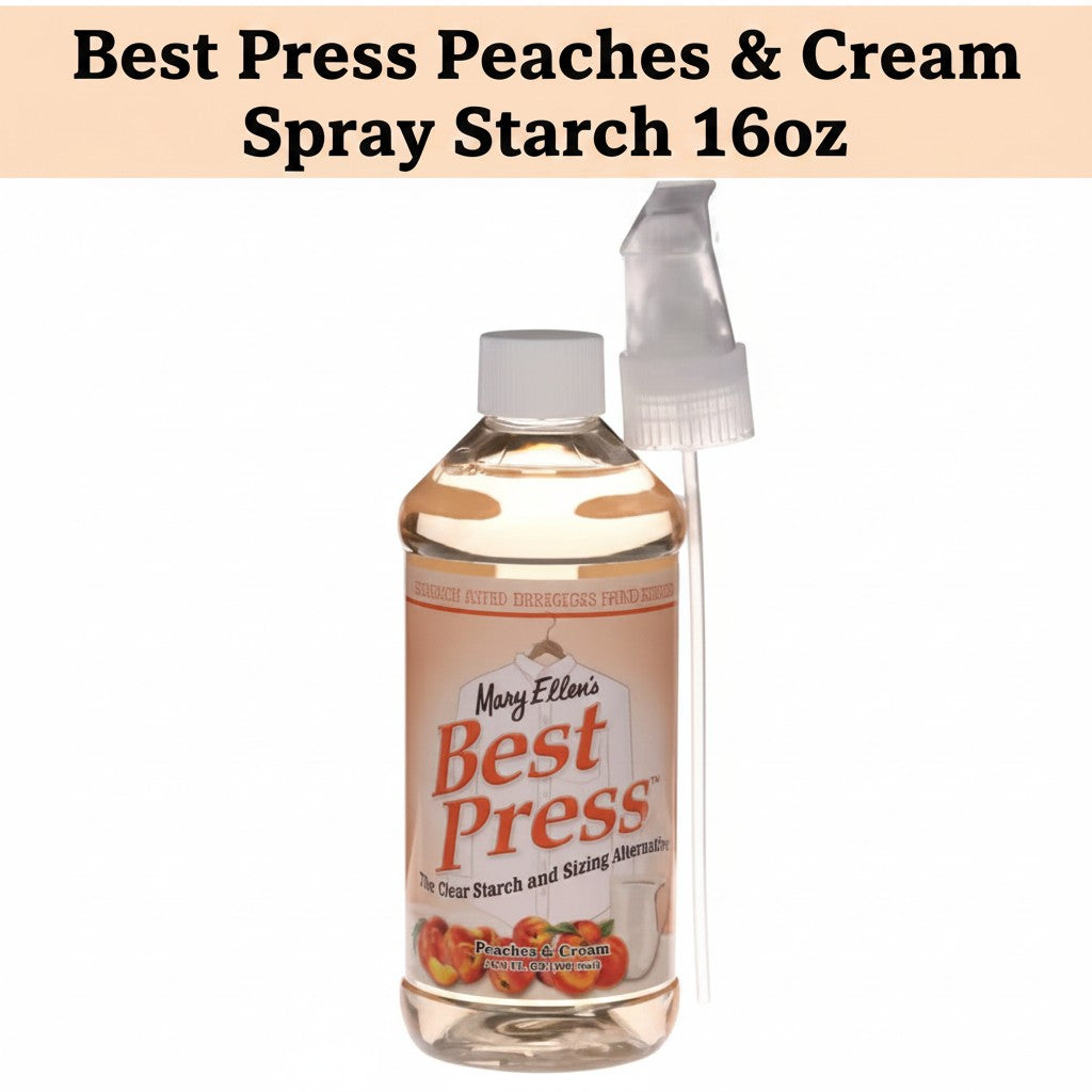 Carmon's Quilt Shop Best Press Peaches & Cream spray starch in a 16oz plastic bottle for quilting and ironing.