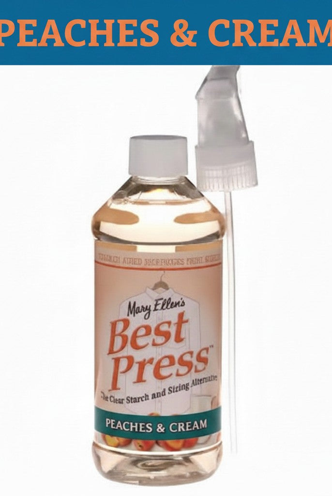 Carmon's Quilt Shop Best Press Peaches & Cream spray starch in a 16oz plastic bottle for quilting and ironing.