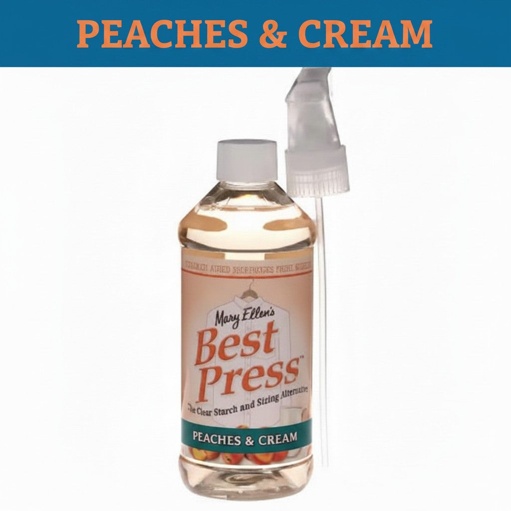 Carmon's Quilt Shop Best Press Peaches & Cream spray starch in a 16oz plastic bottle for quilting and ironing.