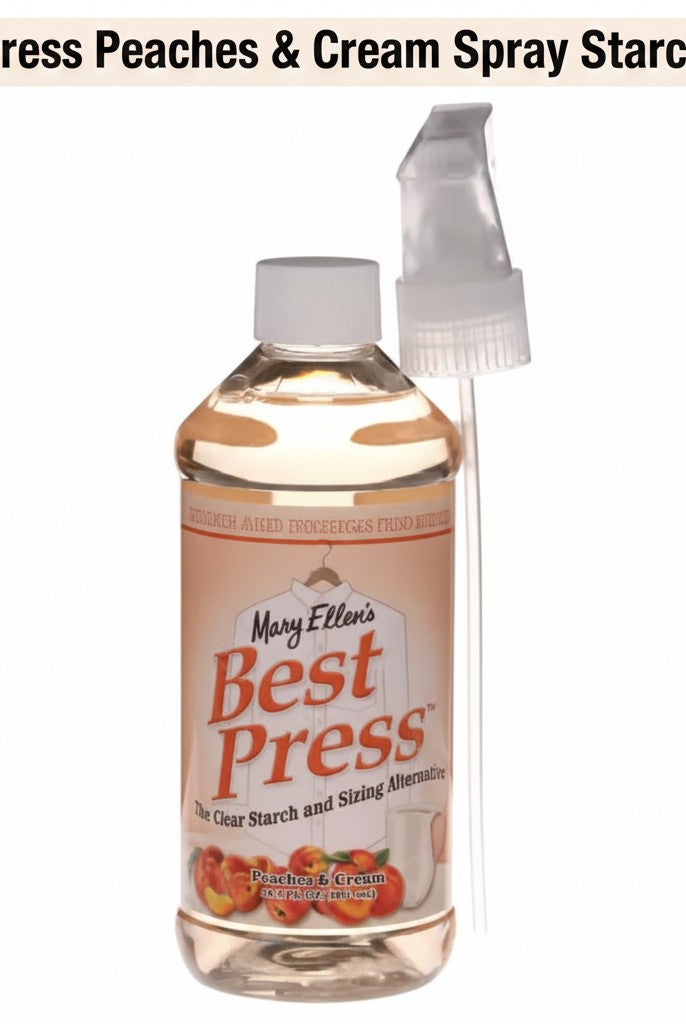 Carmon's Quilt Shop Best Press Peaches & Cream spray starch in a 16oz plastic bottle for quilting and ironing.