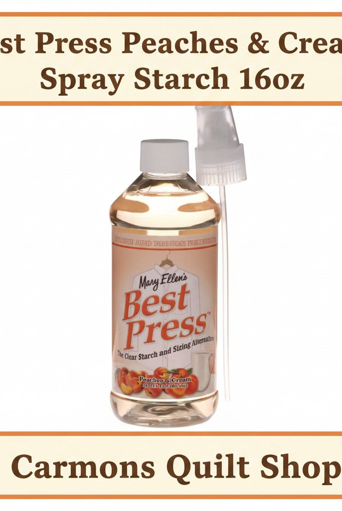 Carmon's Quilt Shop Best Press Peaches & Cream spray starch in a 16oz plastic bottle for quilting and ironing.