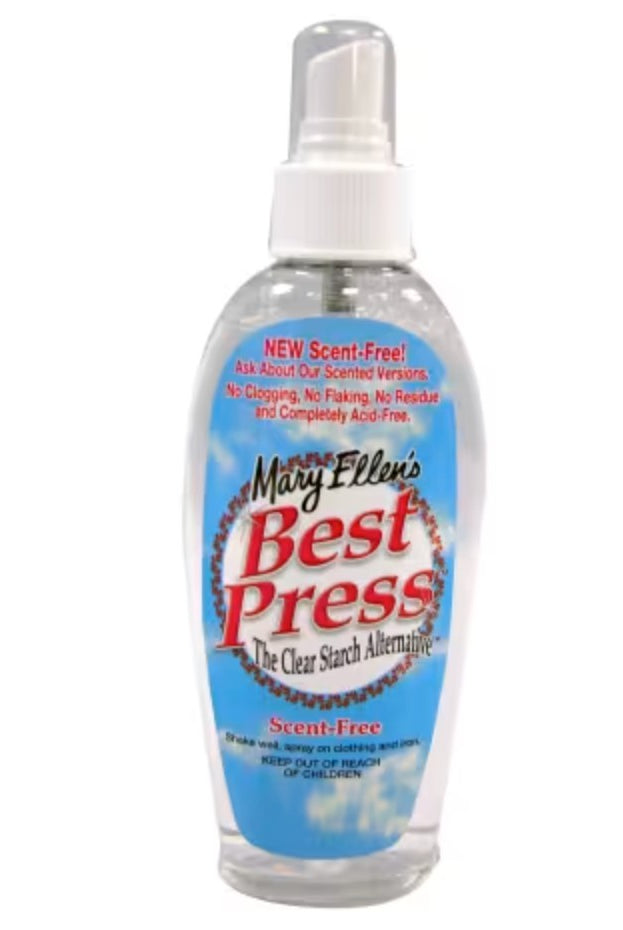 Carmon's Quilt Shop 6 oz bottle of Mary Ellen Products Best Press scent-free fabric starch and sizing alternative.