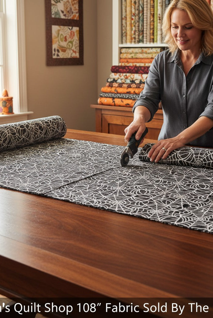 Carmon's Quilt Shop QT Fabrics black cotton quilting fabric with white spiderweb print being cut on a wooden table.