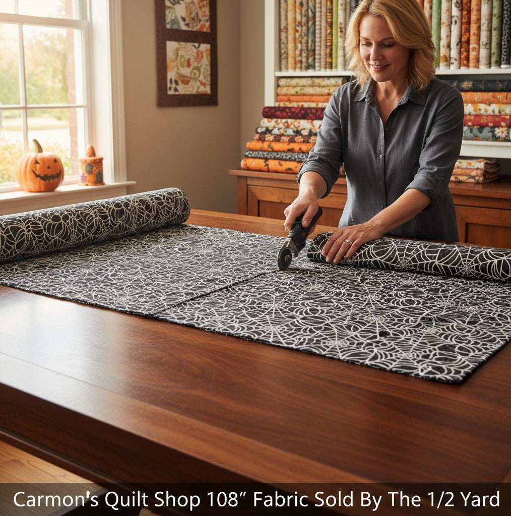 Carmon's Quilt Shop QT Fabrics black cotton quilting fabric with white spiderweb print being cut on a wooden table.