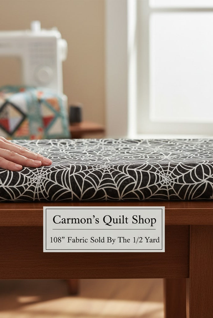 Carmon's Quilt Shop black cotton fabric with white spiderweb print for Halloween quilting projects