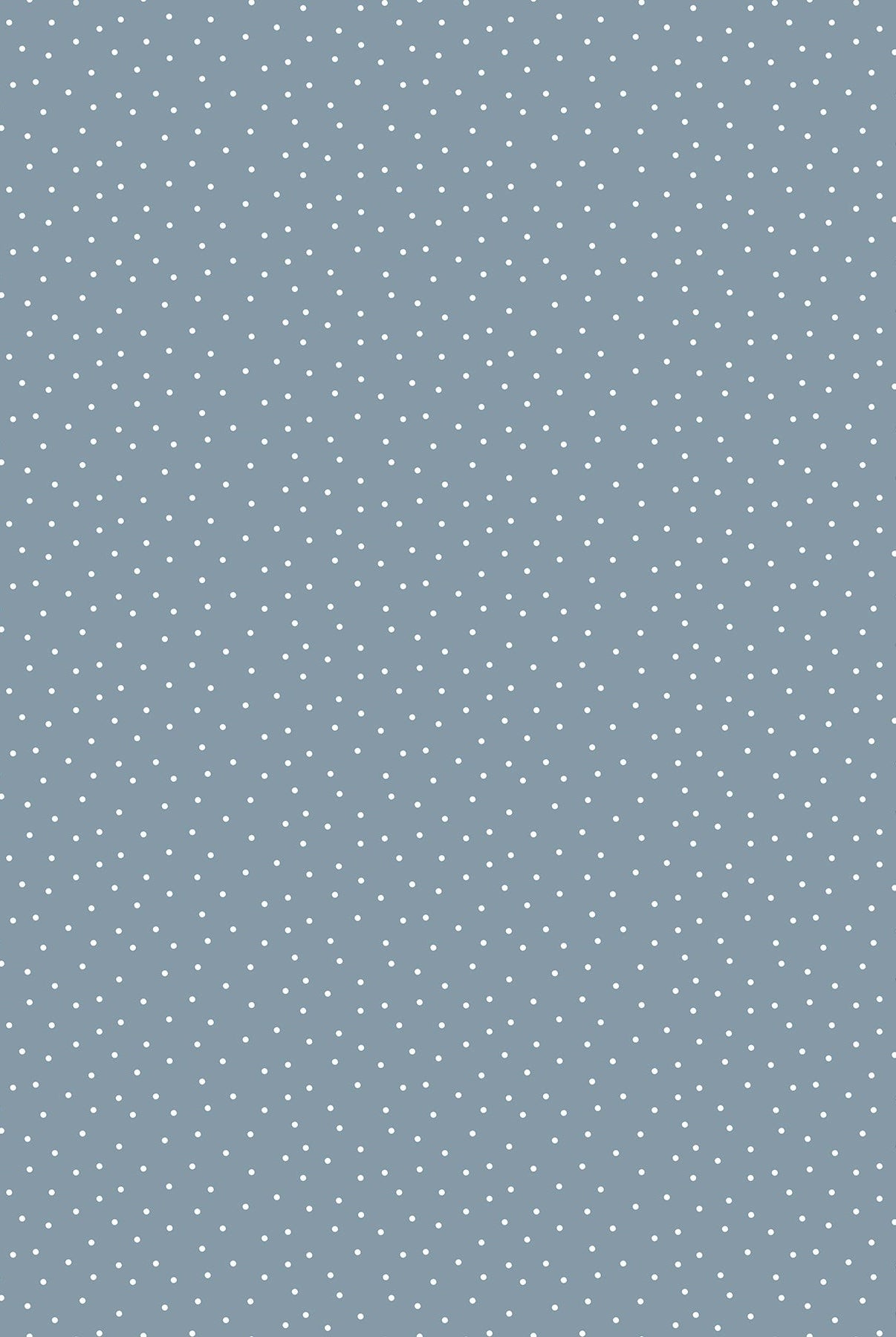 Carmon's Quilt Shop Figo Nest cotton fabric featuring a dusty blue background with a delicate white polka dot pattern.