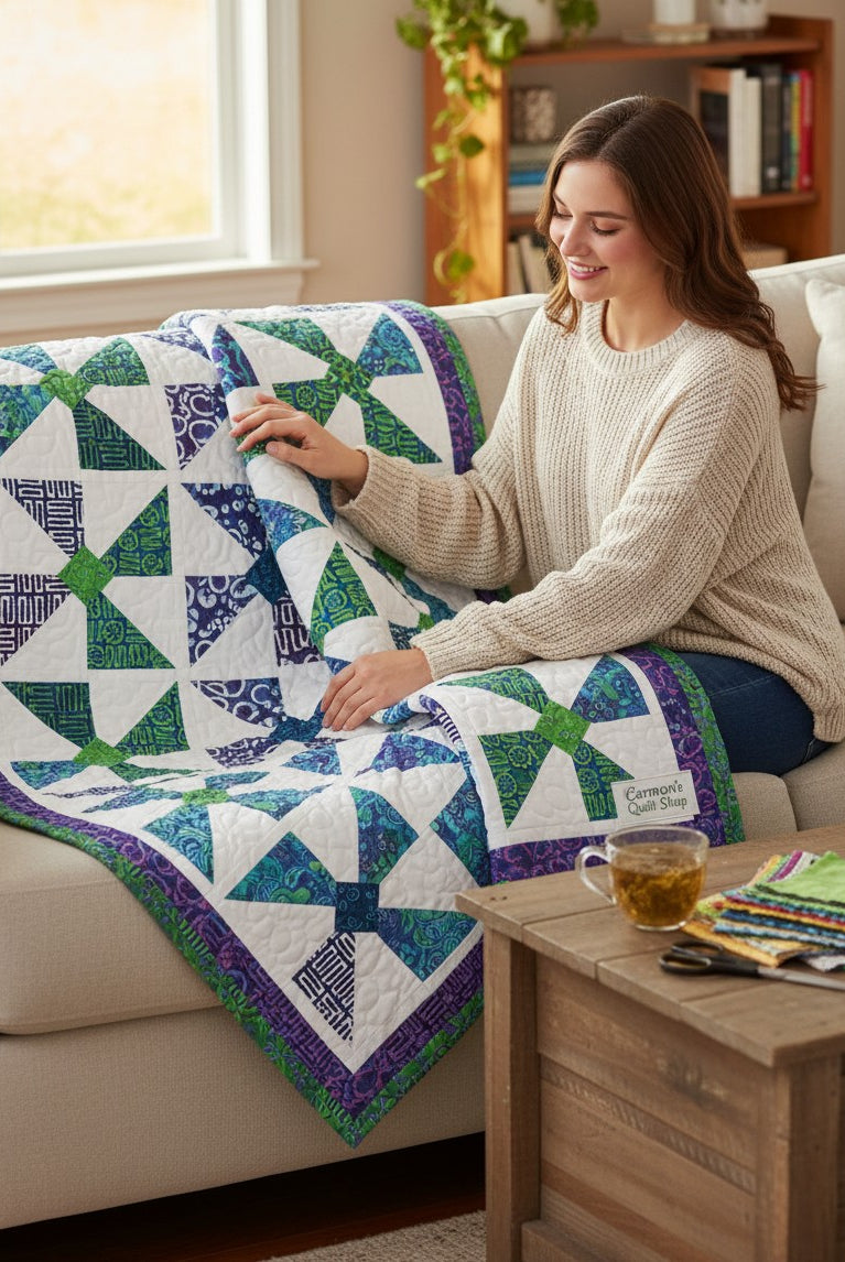 Woman sitting on a sofa holding a Fabric Café Bold in Bloom quilt with blue, green, and purple pinwheel patterns.