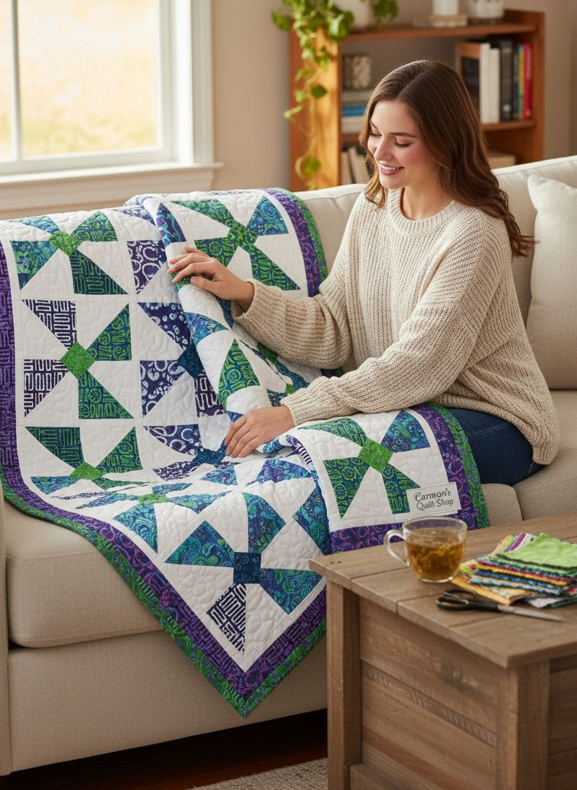 Woman sitting on a sofa holding a Fabric Café Bold in Bloom quilt with blue, green, and purple pinwheel patterns.