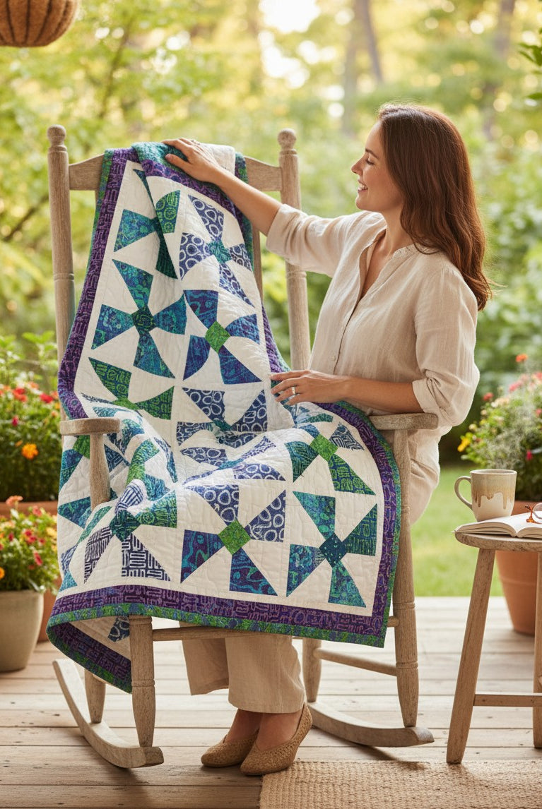 Carmon's Quilt Shop Bold in Bloom quilt with blue and green pinwheel patterns draped over a wooden rocking chair.