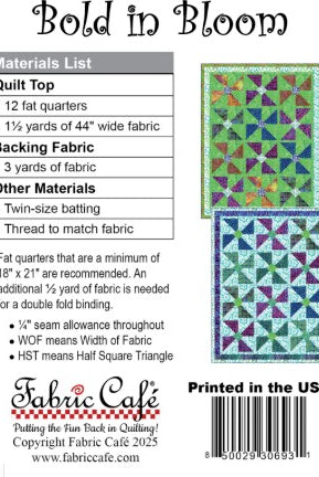 Carmon's Quilt Shop Fabric Café Bold in Bloom quilt pattern instruction sheet with materials list and quilt design.